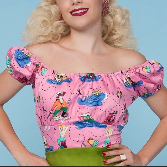 Pinup Couture Neverland Print Peasant Top by Micheline Pitt XS // Extra Small - Picture 9 of 11